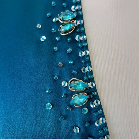 Teal Silk Halter Midi Dress Embellished Backless - Picture 9 of 10